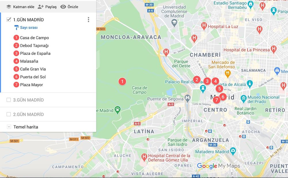 Madrid de Gezilecek yerler Haritası