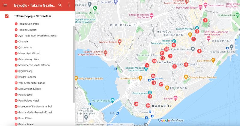 Beyoğlu Taksim Gezilecek Yerler Haritası