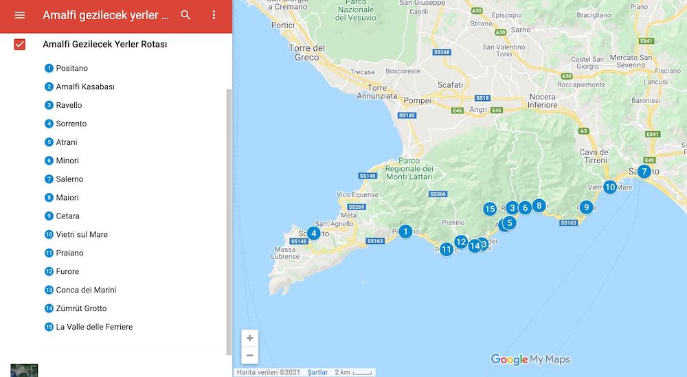 Amalfide gezilecek yerler haritası