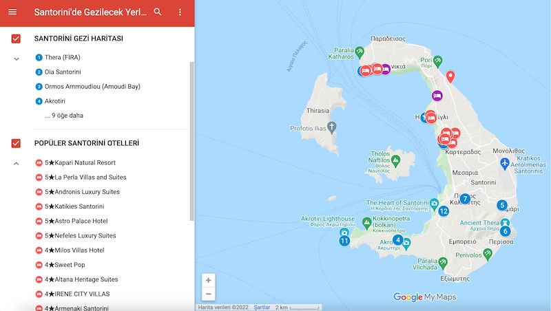 Santorini'de Gezilecek Yerler Haritası
