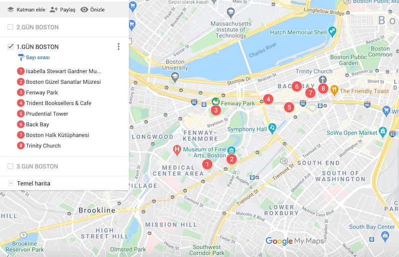 Boston Gezilecek Yerler Haritası