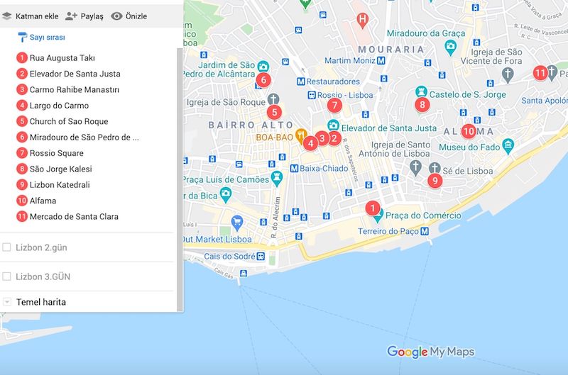 Lizbon da gezilecek yerler haritası