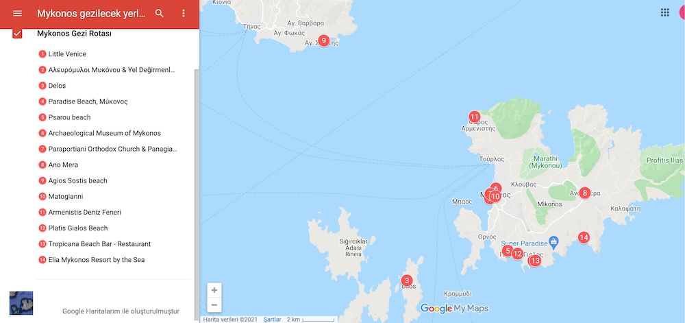 Mykonos gezilecek yerler haritası