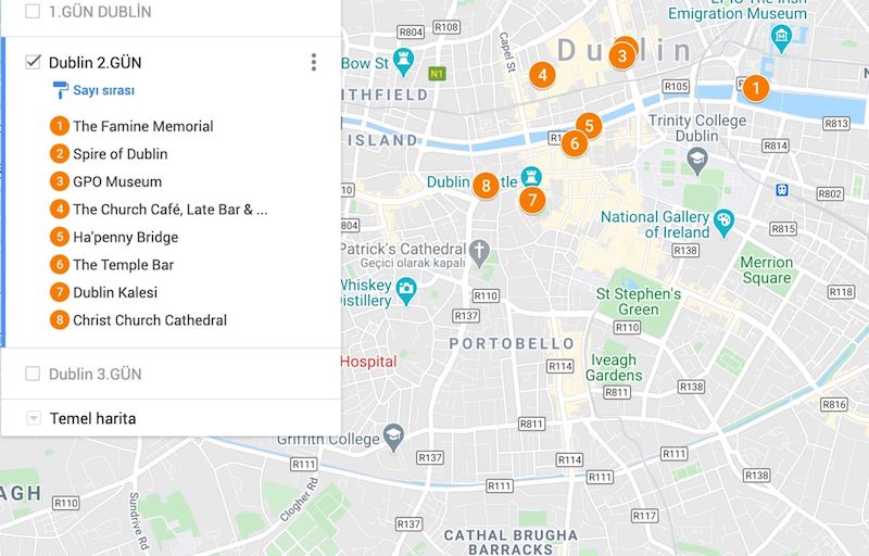 Dublin de Gezilecek Yerler Haritası