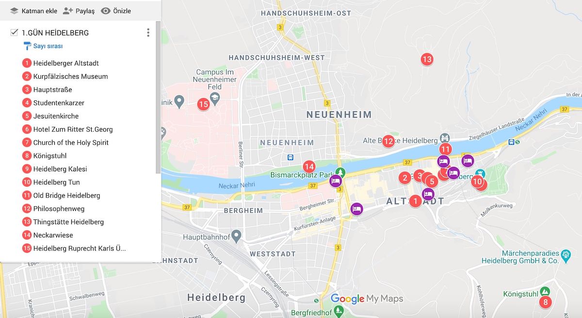 Heidelberg Gezilecek Yerler Haritası