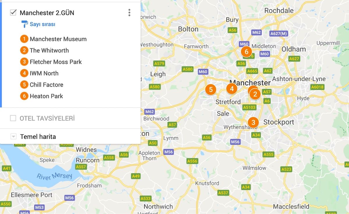 Manchester da Gezilecek Yerler Haritası
