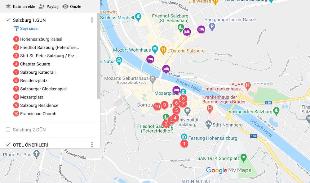 Salzburg da Gezilecek Yerler Haritası