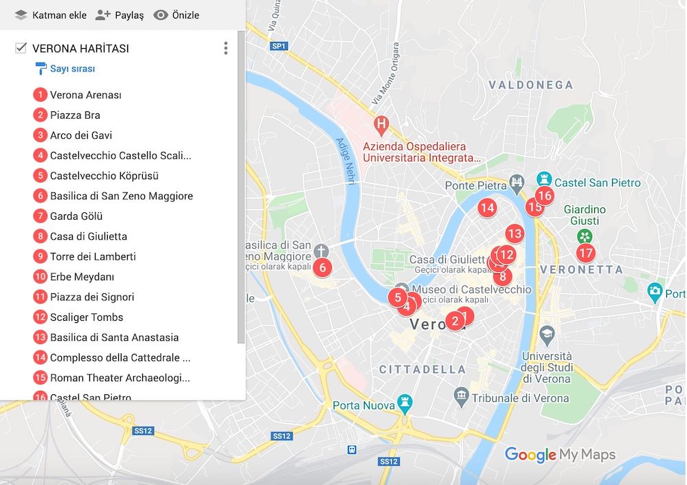 Verona Gezilecek Yerler Haritası