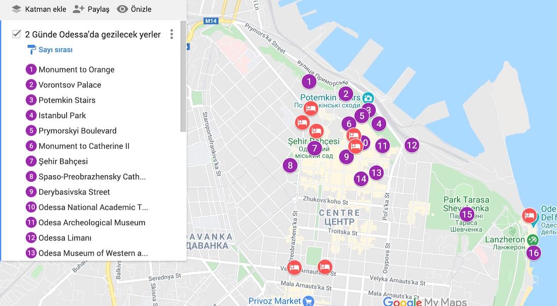 Odessa Gezilecek Yerler Haritası
