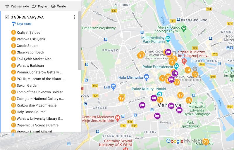 Varşova Gezilecek Yerler Haritası