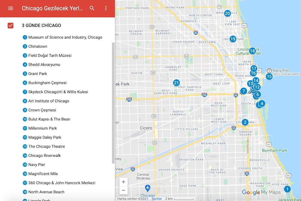 Chicago Gezilecek Yerler Haritası