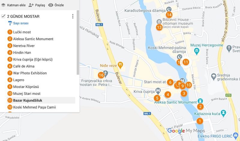 Mostar Gezilecek Yerler Haritası