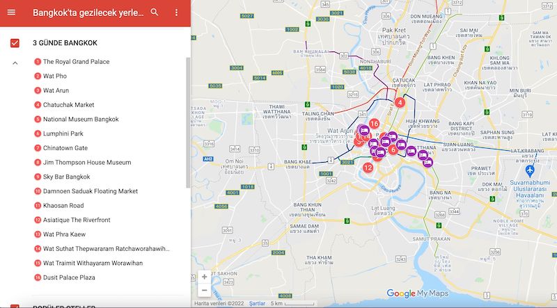 Bangkok'ta Gezilecek Yerler Haritası