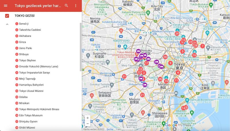 Tokyo Gezilecek Yerler Haritası