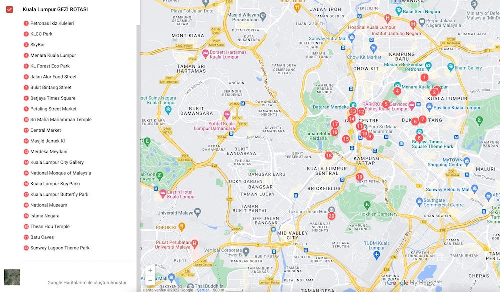 Kuala Lumpur'da Gezilecek Yerler Haritası