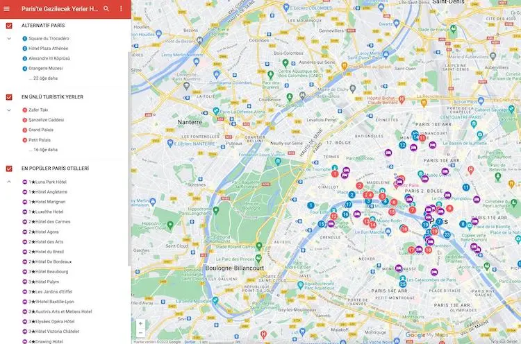 Paris'te gezilecek yerler Haritası